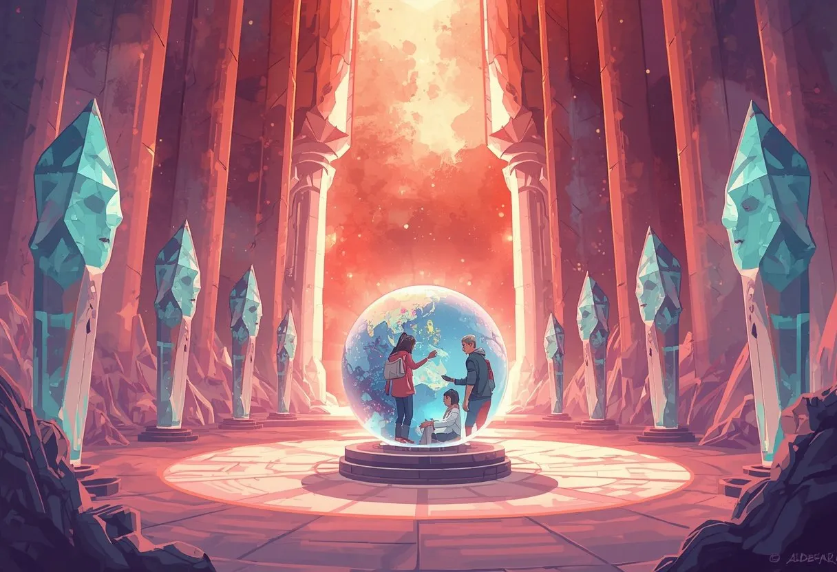 Tall crystalline council beings gather in a glowing crystal chamber around a shimmering sphere showing small scenes of human life.