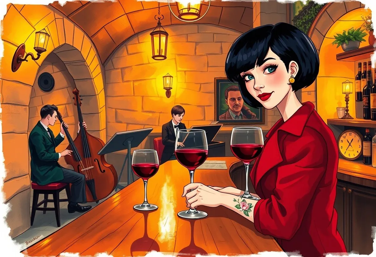 An elegant pale woman in a crimson coat holds an untouched glass of red wine at a warmly lit Paris jazz bar.
