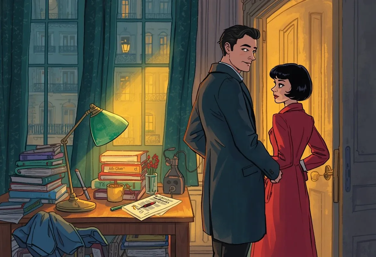 A tall man with gray eyes faces an elegant pale woman in a crimson coat inside his book-cluttered, lamplit Paris apartment.