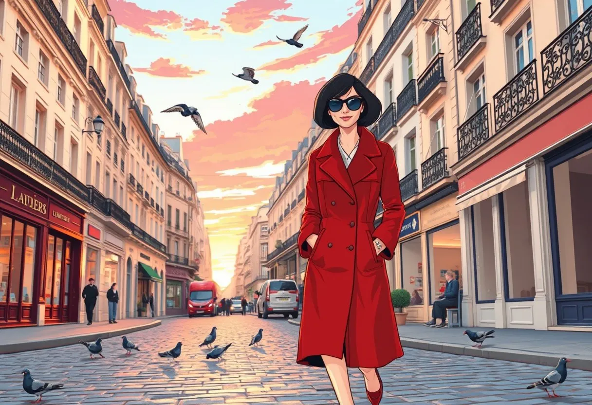 An elegant woman in a crimson coat and sunglasses walks alone down a cobblestoned Paris street as a pink dawn breaks.