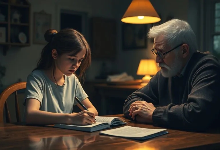 A young person writing in a notebook while an adult reads over their shoulder, both focused on the pages. TITLE: Adult