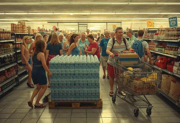 Grocery store shelves stripped bare during hurricane prep, with empty spaces where water, bread, and supplies once sat.