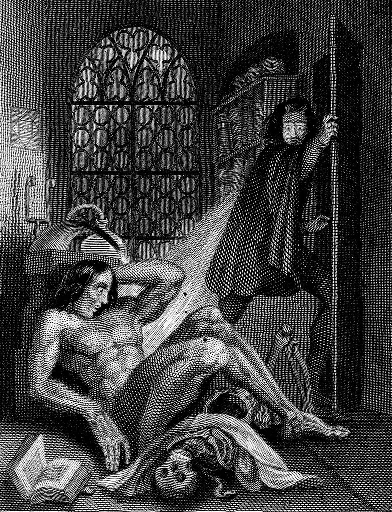 Theodor von Holst's 1831 engraving of Frankenstein's creature waking on the laboratory floor while Victor Frankenstein flees through the door