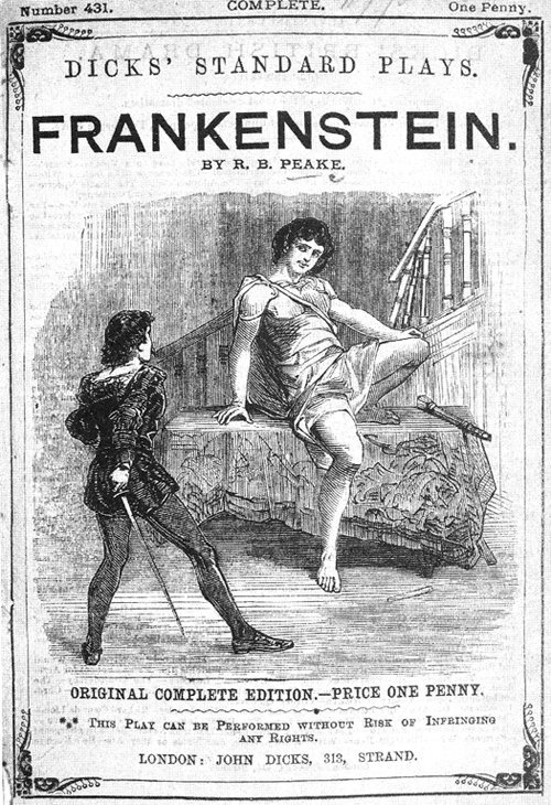 Cover of Dicks' Standard Plays number 431, Frankenstein by R. B. Peake, showing the creature in a toga seated on a table facing Frankenstein holding a sword