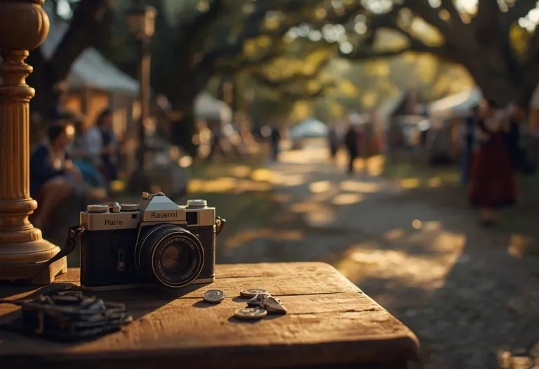Gar Travis holds a camera while sitting on a stone lion bench, dressed in casual clothing at an outdoor venue.