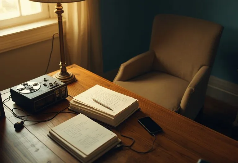 A writer and memoir subject sit together reviewing manuscript pages, one holding a document while the other listens
