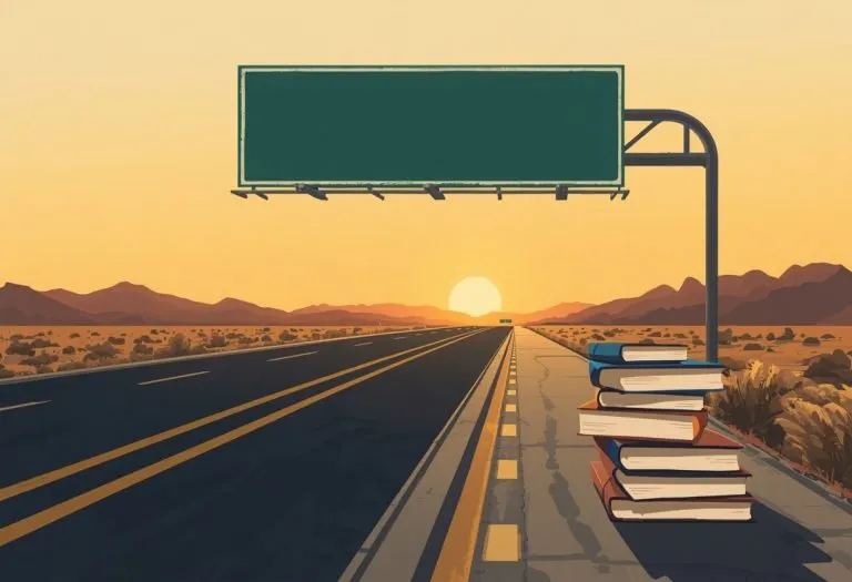 A highway-sign style flowchart with green and blue signs where every answer path leads to the same exit labeled "Buy My