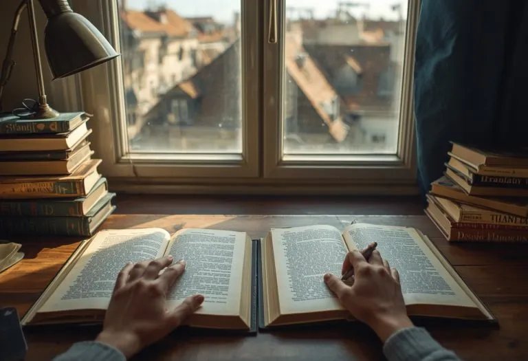 A stack of books in multiple languages with a translator's pen and notebook, representing the invisible work behind