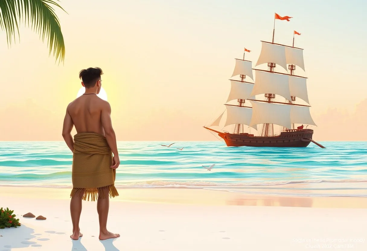 A young islander stands on a sunrise beach watching three tall white-sailed ships glide past the coral reef.