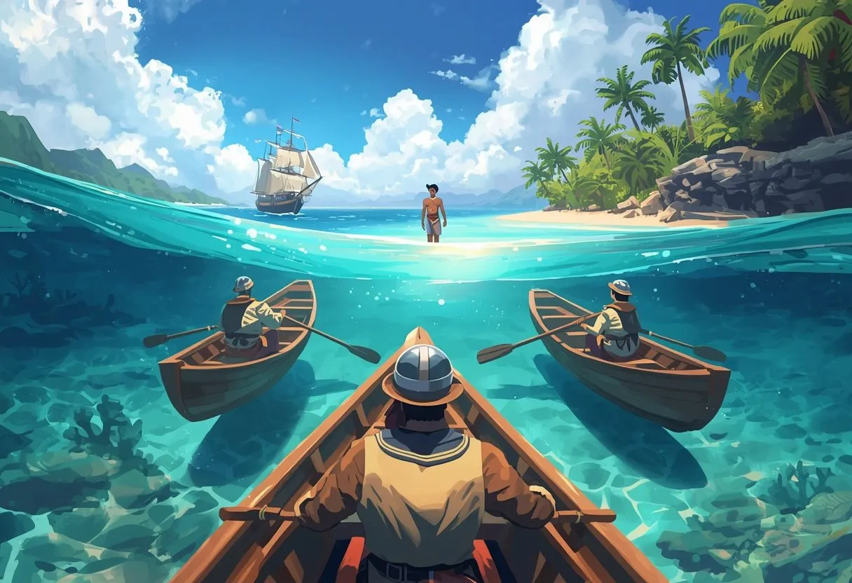 Small rowboats of helmeted sailors row through a gap in the reef toward a beach where a lone islander waits.