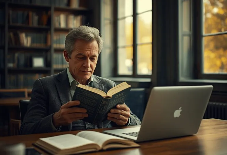 A stack of books next to a laptop and coffee cup, representing the debate over AI-assisted writing and traditional