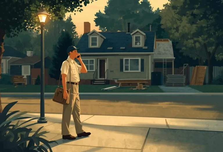 A mail carrier in postal uniform stands in front of a house under renovation, looking stressed while holding his phone.