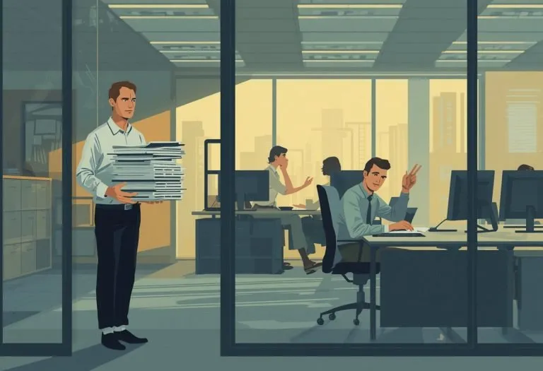 Manager sitting at desk reviewing documents while an employee stands across from them holding a folder, looking frustrated.