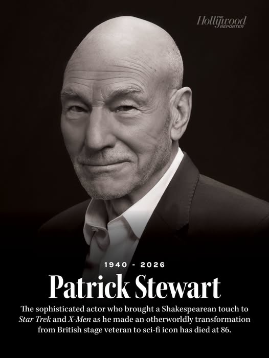 Black and white portrait of Sir Patrick Stewart in a dark jacket, 1940 to 2026