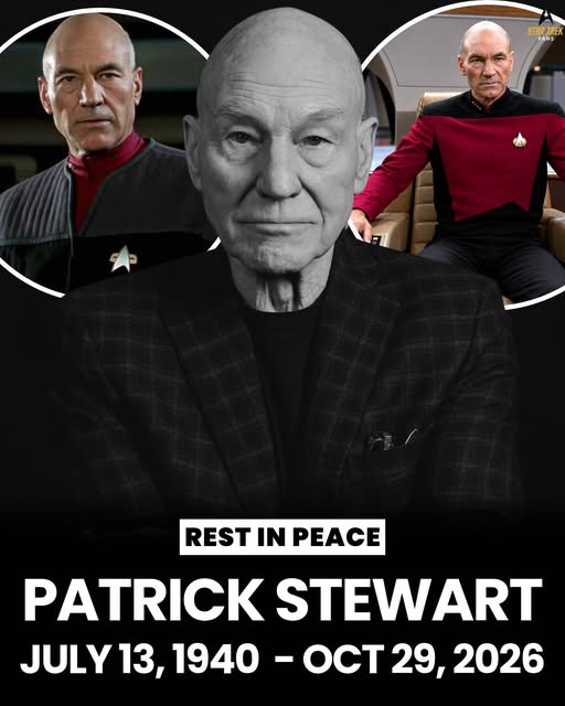Patrick Stewart in later years, with Captain Jean-Luc Picard in Starfleet uniform, July 13, 1940 to October 29, 2026