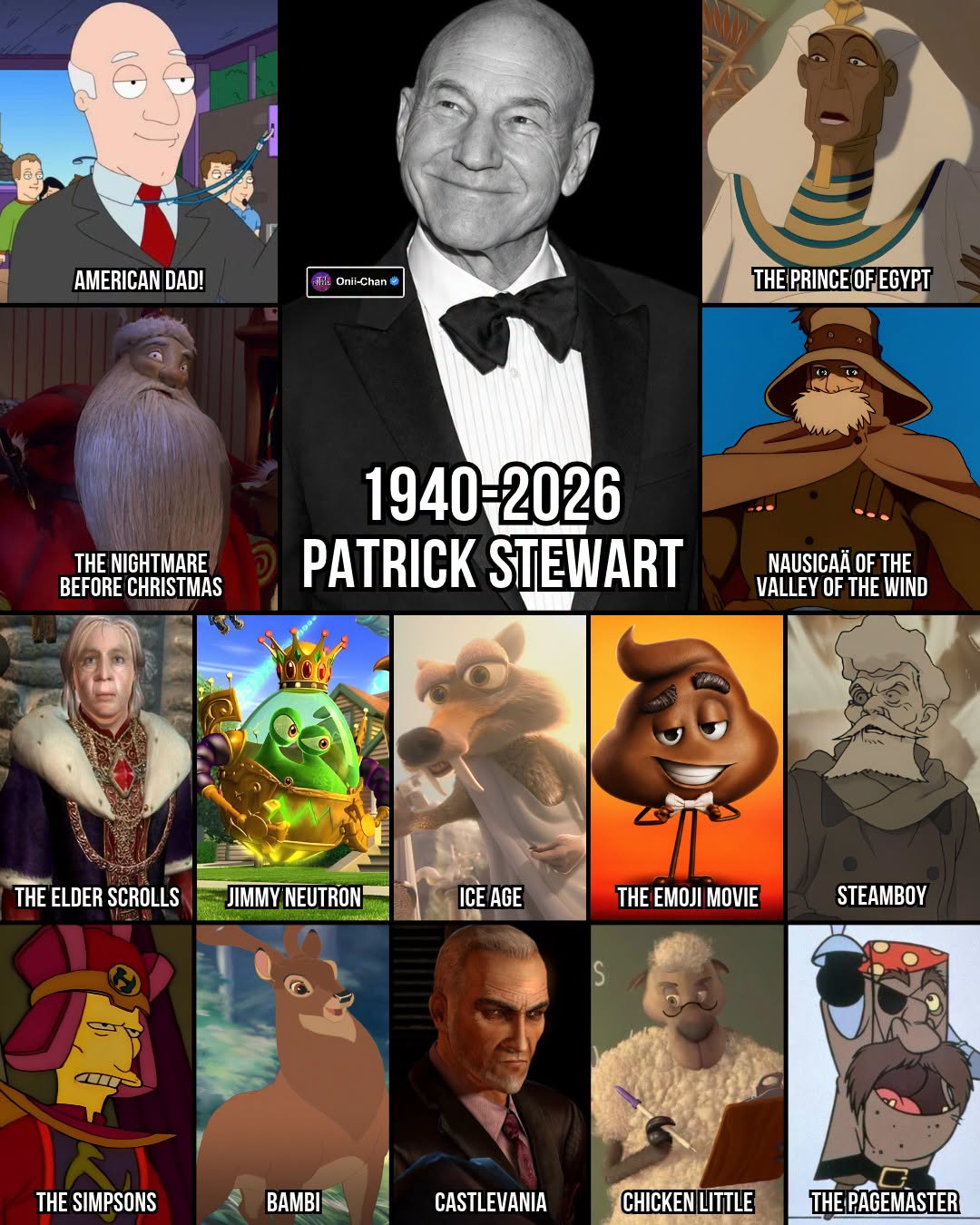 Grid of Patrick Stewart voice roles, from American Dad and The Prince of Egypt to The Simpsons, Bambi II, Castlevania and The Pagemaster, 1940 to 2026