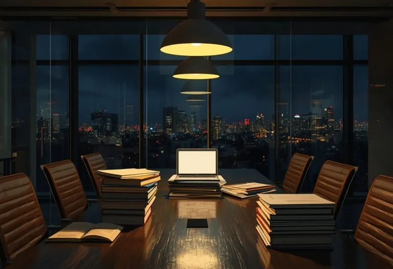 A split-screen illustration showing a publisher's office on one side using AI tools while canceling an author's book for AI