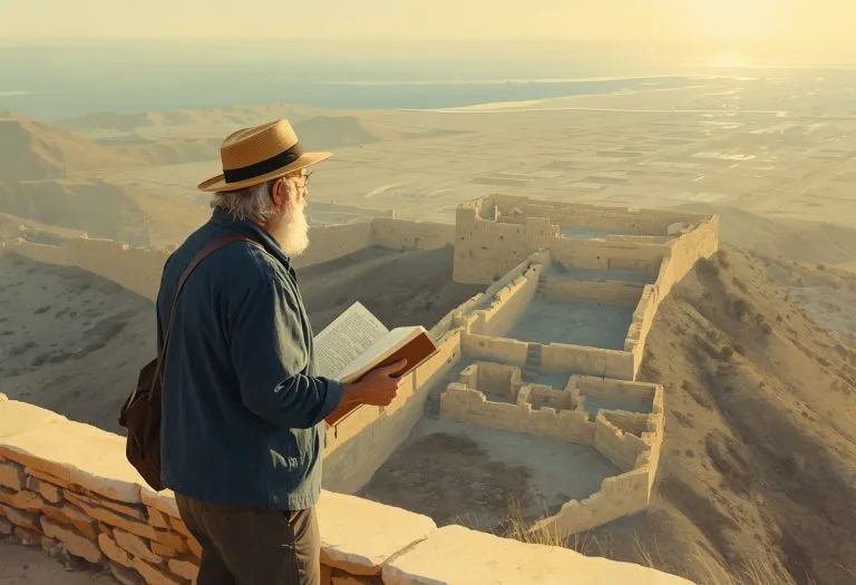 Ancient stone ruins of Masada fortress on a rocky plateau overlooking the Judean desert.