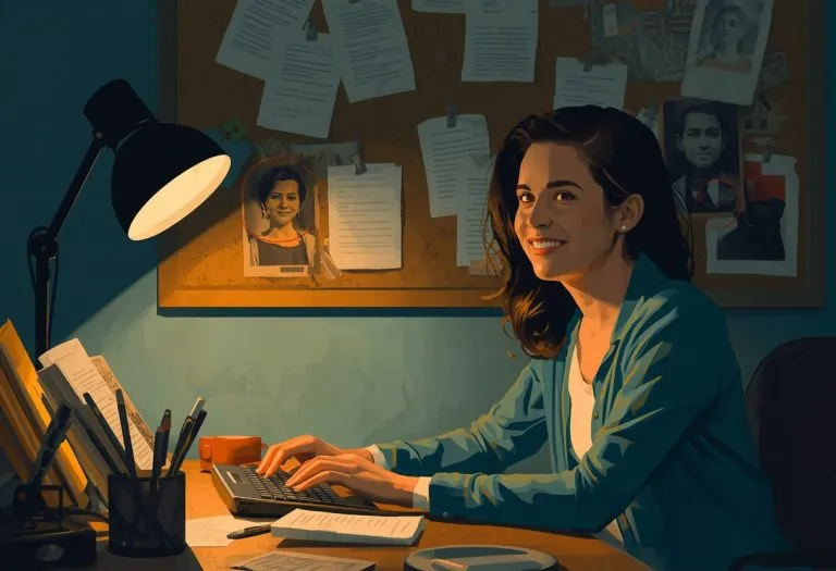 A person writing at a desk, with a thought bubble or shadow showing an angry face, representing the impulse to turn someone