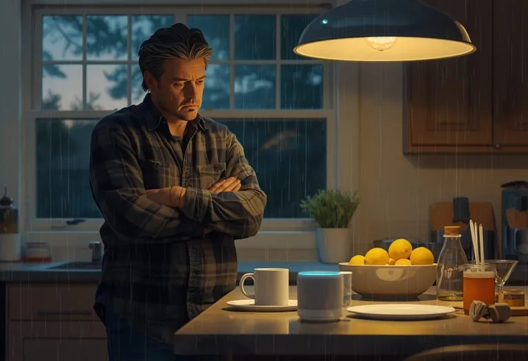A smart speaker on a nightstand with a concerned person in the background, suggesting privacy and security concerns about