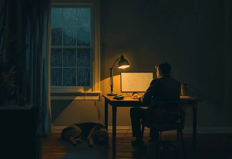 Stephen King sitting at a desk with a typewriter, or a portrait of the author in his writing space.