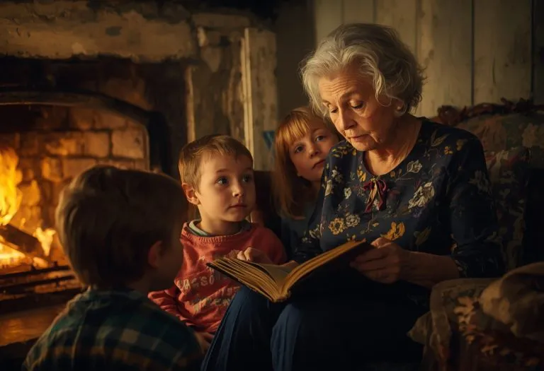 An open storybook with illustrated fairy tale characters like Cinderella, Little Red Riding Hood, and the Brothers Grimm