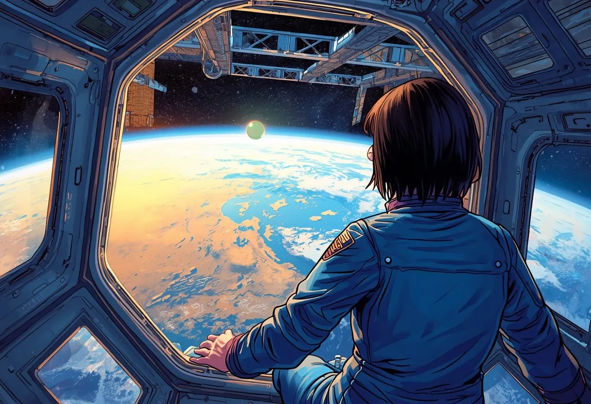 An astronaut floats in a domed station window looking down at Earth and a small green-white light hanging beyond the truss.