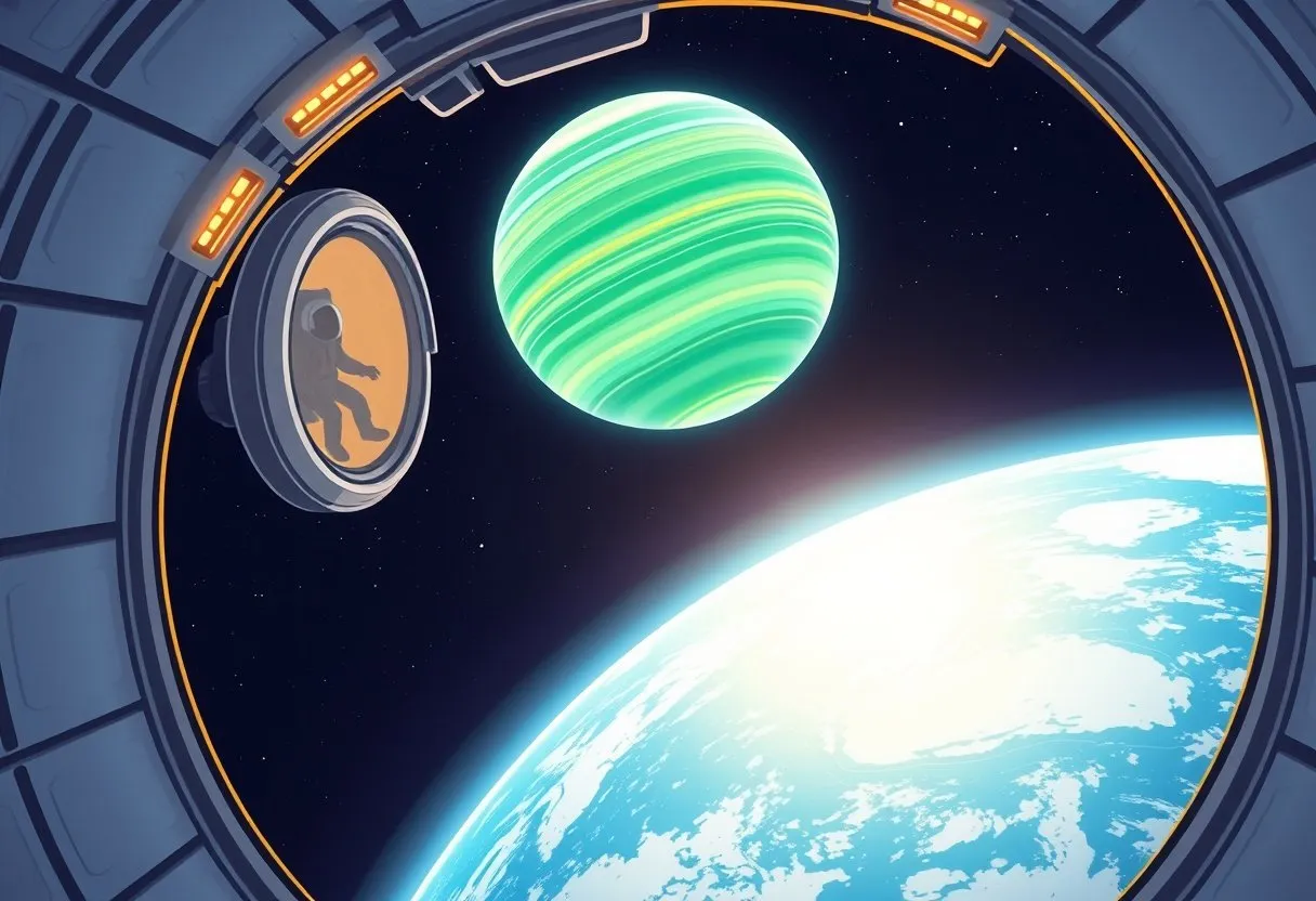 A space station's observation dome flashes its lights toward a glowing green-white sphere above the bright curve of Earth.