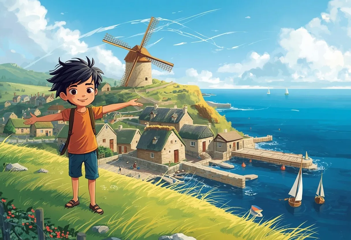 A young boy on a cliff-top village directs swirling ribbons of wind that turn a windmill and fill fishing boat sails.