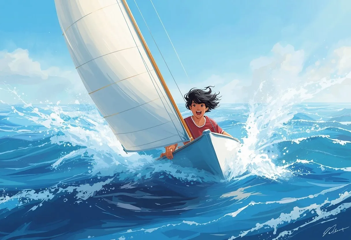 A young man in a small sailboat races across a sparkling blue sea driven by swirling ribbons of wind.