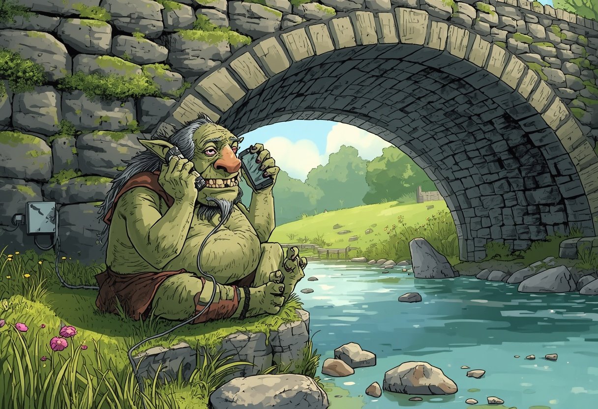 An elderly troll with a bandaged knee sits under a mossy stone bridge, waiting on hold with a battered smartphone.