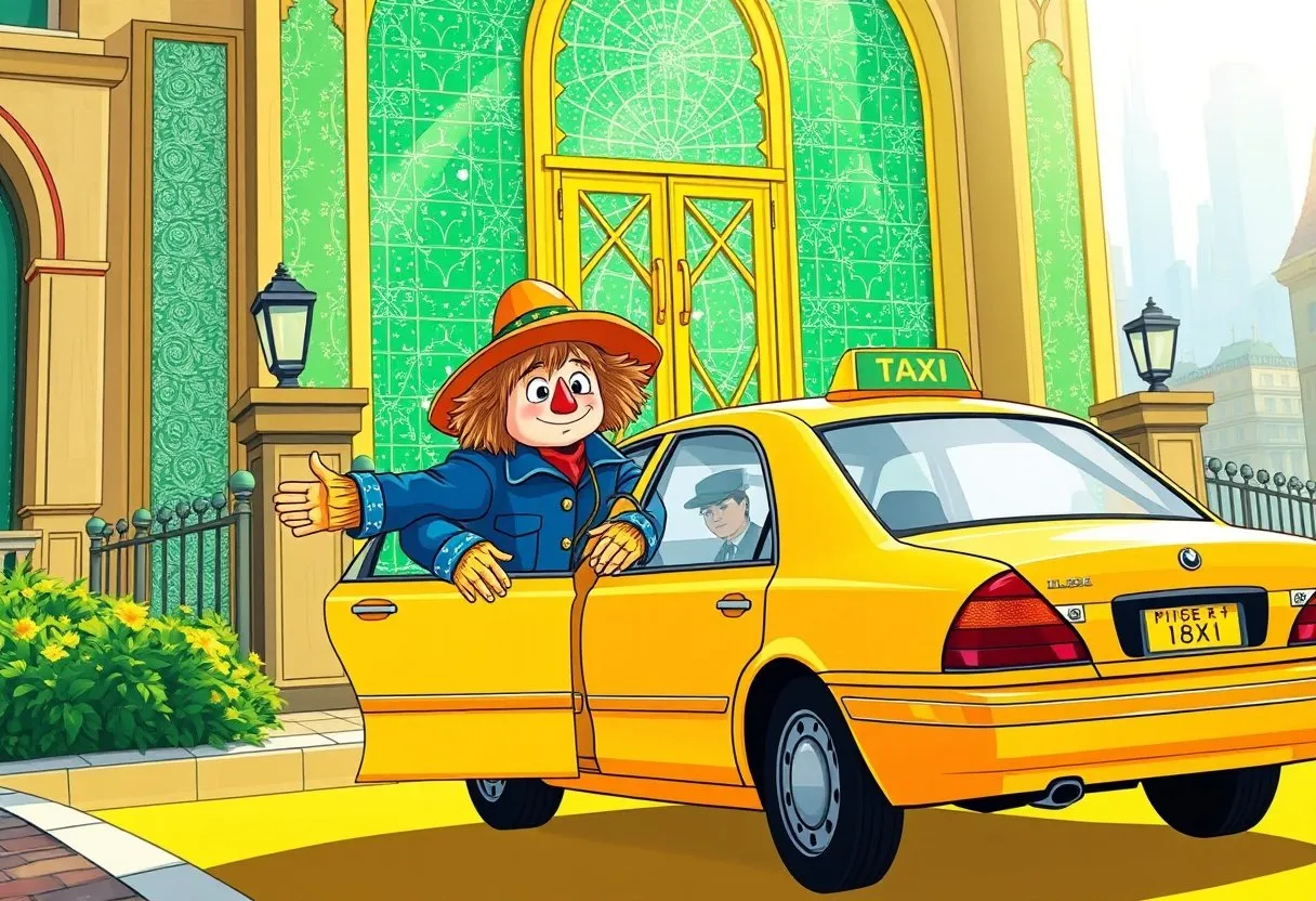 A friendly straw scarecrow climbs into a yellow taxi parked before the gate of a glittering emerald city.