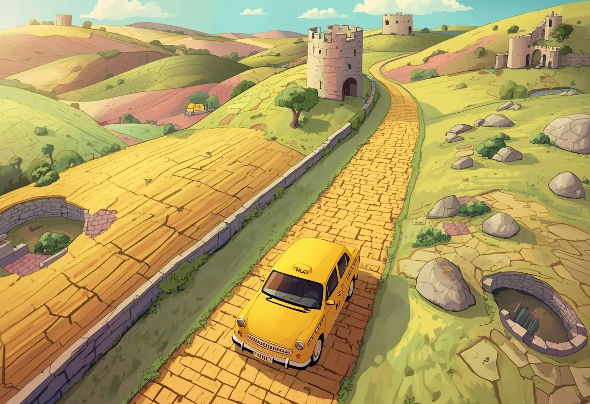A yellow taxi drives a cracked golden brick road through fantasy hills dotted with crumbling watchtowers.