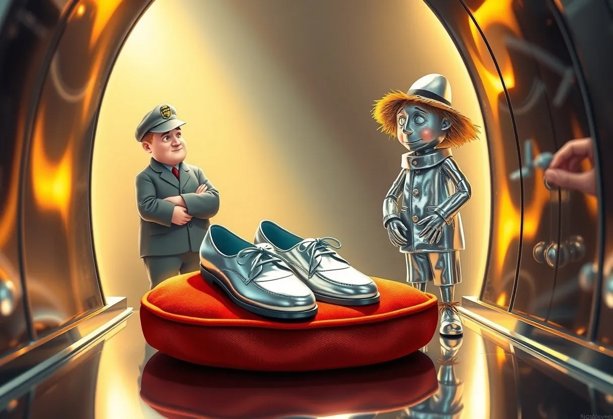 A taxi driver eyes a pair of tiny silver shoes in a metal vault beside a scarecrow and a weeping tin man.