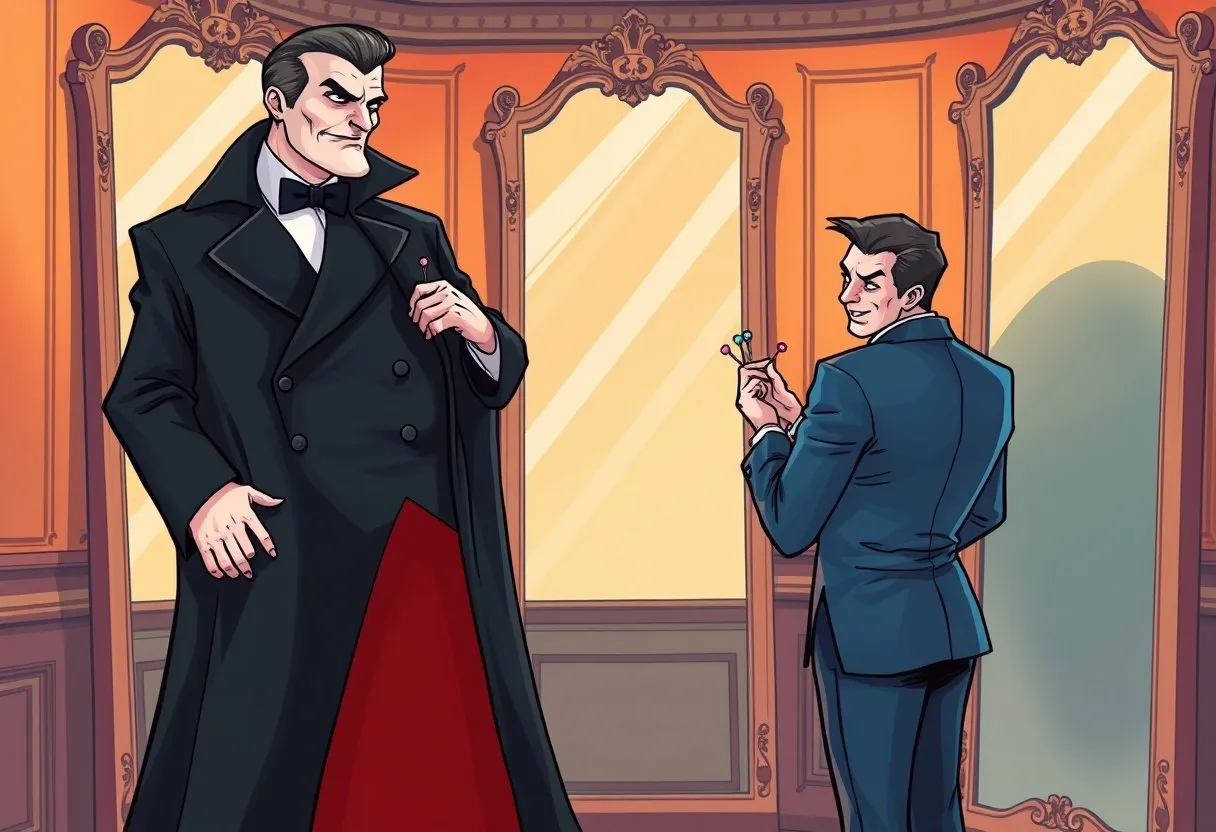 A portly vampire stands in a too-tight cape while a nervous tailor adjusts it, the mirrors showing only an empty cape.