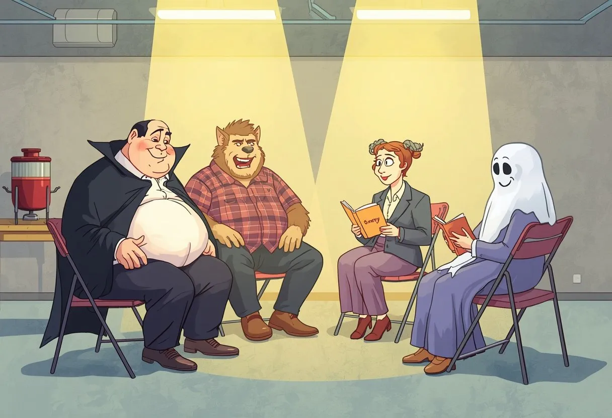 A vampire, a werewolf, a horned woman and a friendly ghost sit together in a church basement support group circle.