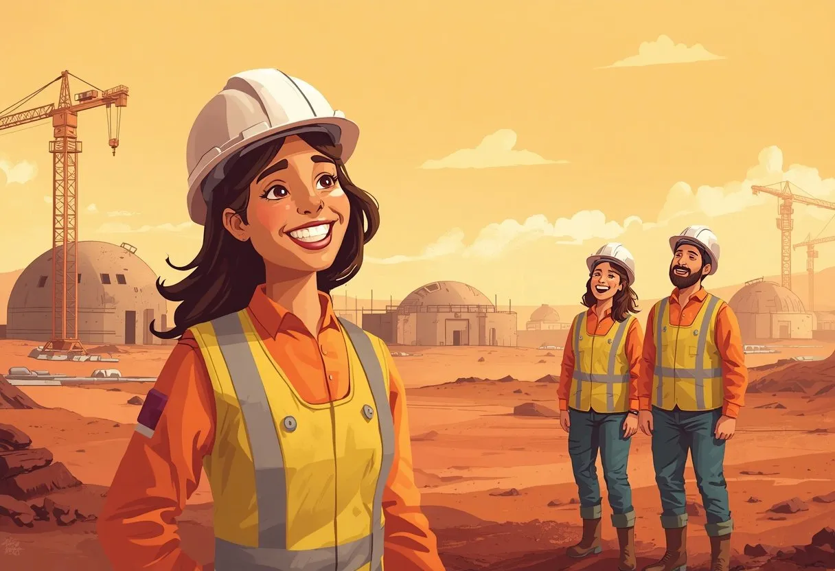 A grinning construction worker shows off her repaired smile to coworkers at a sunny Martian building site.