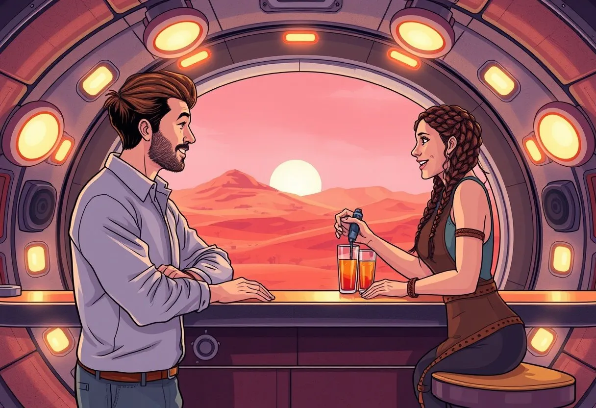 The Mars colony dentist talks animatedly with a friendly bartender at a cozy habitat bar overlooking red dunes.