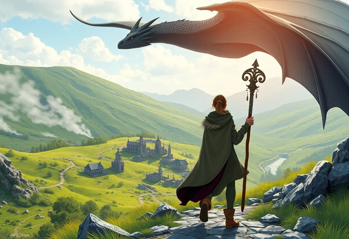 A young mage with a glowing staff descends a rocky slope toward a valley where a black dragon circles a ruined village.