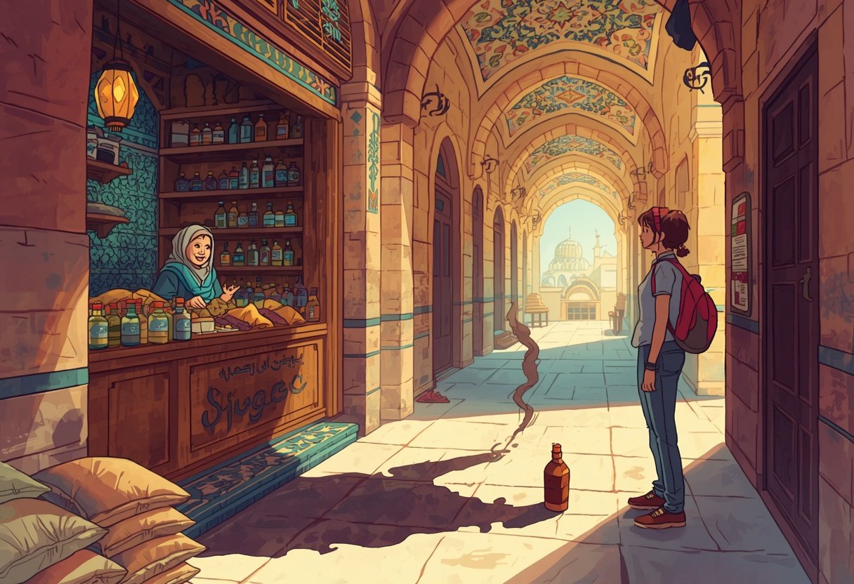 An old woman at a bazaar stall coaxes a dark patch of a traveler's shadow into a small glass bottle.