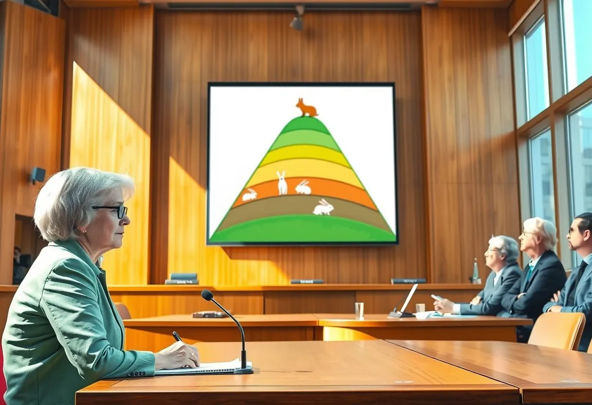 An ecologist testifies at a hearing as a screen behind her shows a pyramid of grass, rabbits and a single fox.