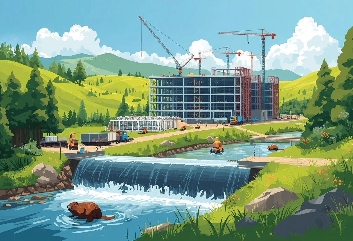 A beaver builds its dam in a stream while a huge data center rises under construction on the green hills beyond.