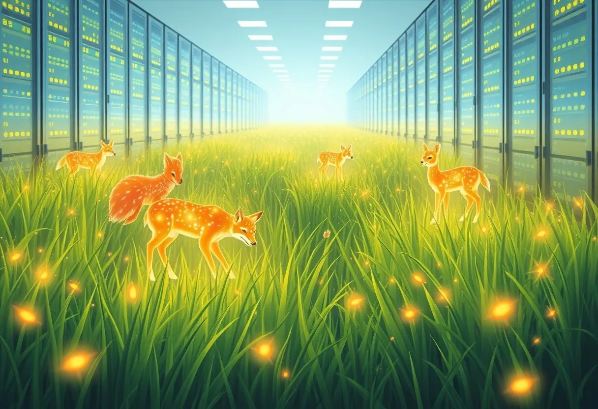 A luminous digital meadow inside a server hall, with glowing grazing creatures, a fox of amber light, and tiny clinging specks.
