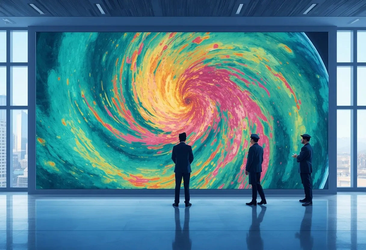 Officials study a huge wall display of swirling colorful population currents resembling a weather satellite map.