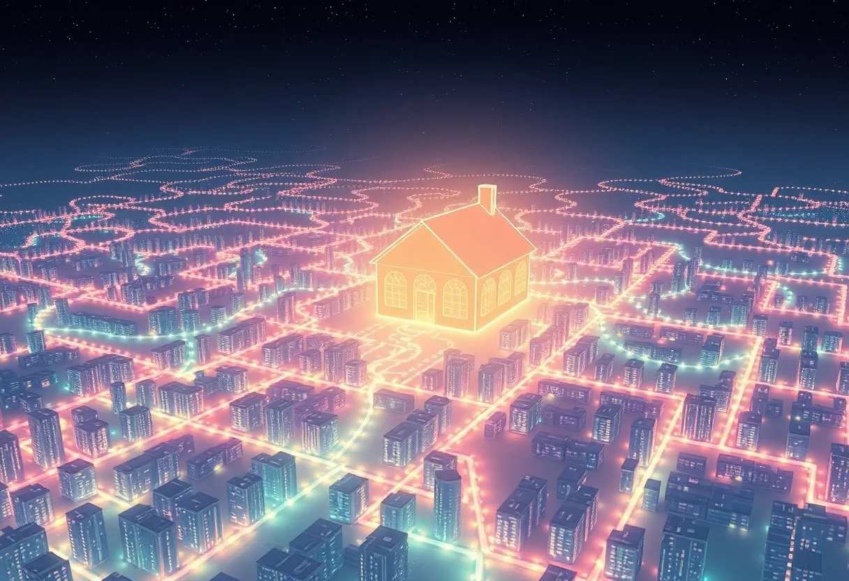 Countless glowing buildings across a continent connect by threads of light into a single radiant form awakening.