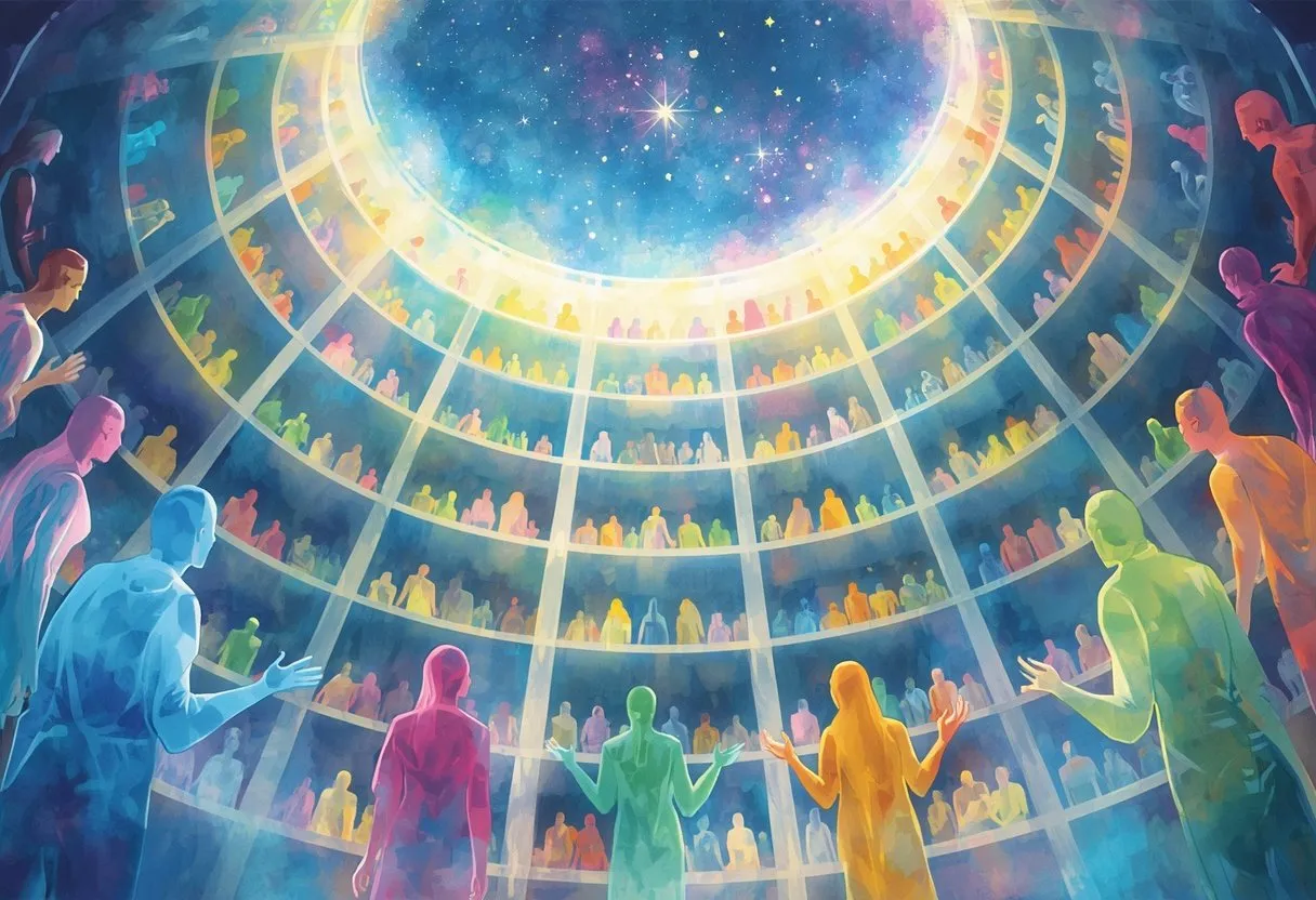 Glowing translucent figures of many colors debate in a vast circular chamber made of light under an open dome.