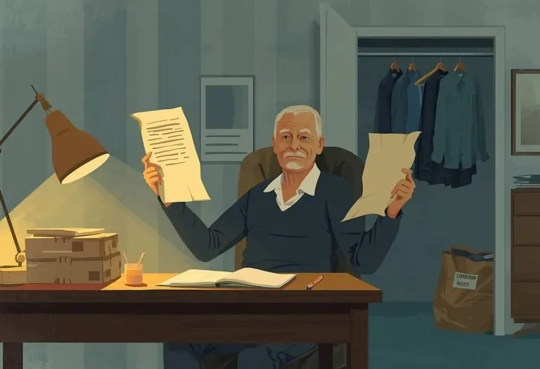 A writer holding old printed pages or manuscripts, looking at them with a mixture of embarrassment and recognition of growth.