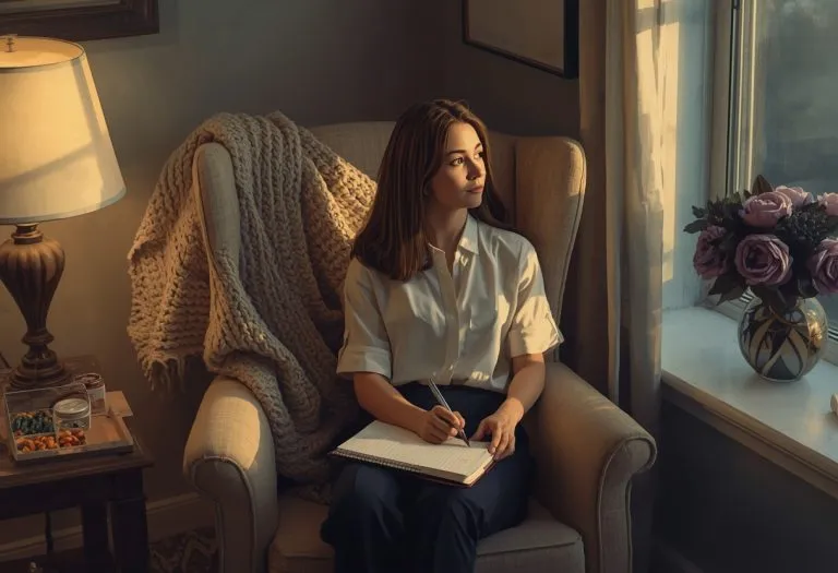 A person sits alone at a desk with a laptop, hands resting, looking thoughtful or tired after a period of intense