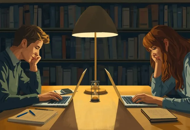 Two writers sitting across from each other at a table with laptops and coffee, focused on their work during a writing